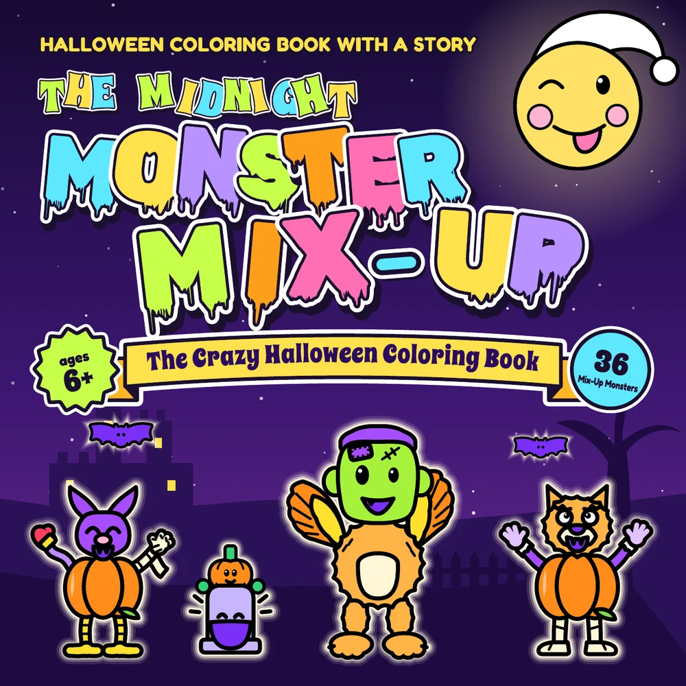 Cover of the coloring book The Midnight Monster Mix-Up with colorful mixed-up monsters